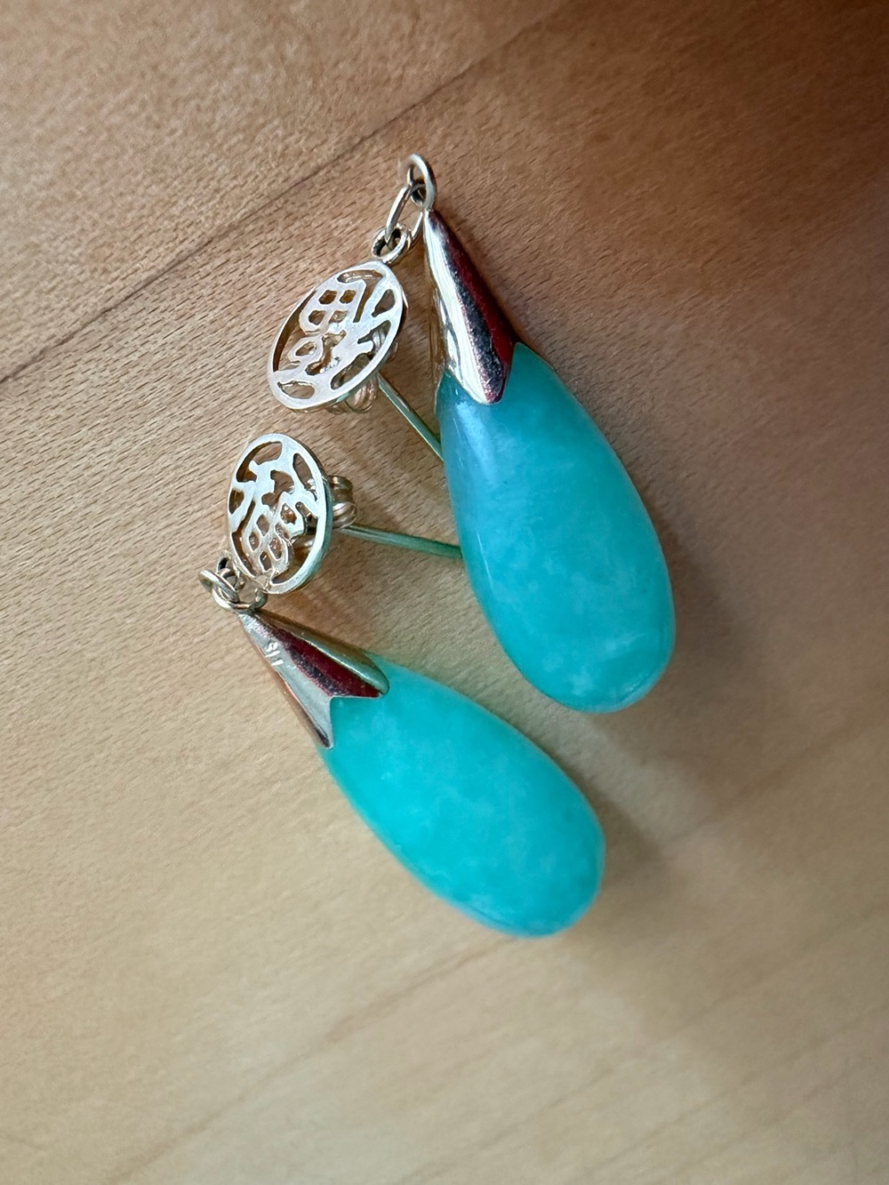 Vintage 14k Jade Jadeite Dangle Earrings 585 J&C stamp